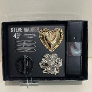 Steve Madden Black/Gold/Silver Reversible Belt & 3 Buckles in Boxed Gift Set